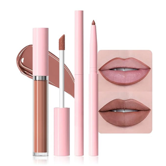 AMY'S DIARY 2pcs Lip Liner & Lipstick&Shiny Clear Lip Oil Makeup Set, Liquid Lipstick 24H and Lip Liner Set Matt Liquid Lips Make Up Waterproof Long Lasting (03#, 2 Pcs Set)