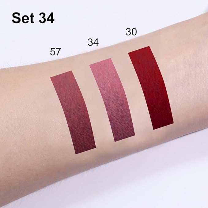 3Pcs 2 in 1 Dark Red Nuetral Mauve Red Brown Matte Lip Liner and Liquid Lipstick Stain Makeup Set for women, Long Lasting Smudge Proof Lip Tint Matte Finish Lip Gloss for All-Day Color Hold Set34