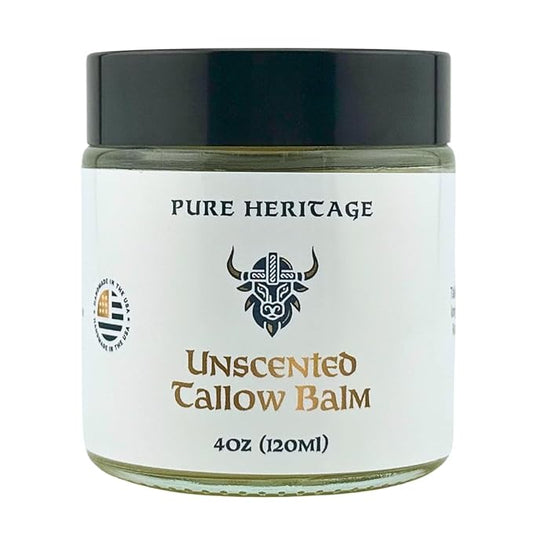 Pure Heritage Handmade Tallow Balm – Unscented Grass-Fed & Finished Moisturizer & Healing Cream | Natural Care for Sensitive Skin, Eczema, Rosacea, Babies, Men & Women (4oz)