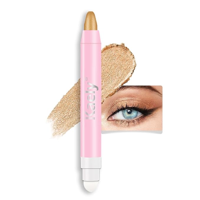 evpct 1Pcs Beige Gold Shimmer Cream Eye Shadow Brightener Sticks for Eyes Waterproof Pigmented, Double Ended Cream Eyeshadow Stick Pencil Pen with Applicator, Eye Shadow Palette Highlighter Makeup 15