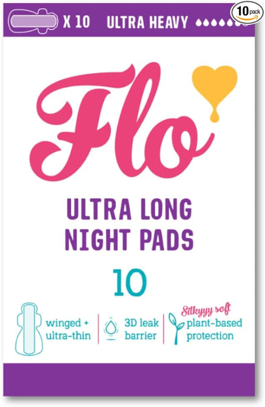 Flo Ultra Long Night Bamboo Pads with 4 Wings (10 Pads) - Super Absorbent + Soft