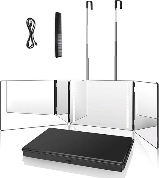 LED 360° Viewing Mirror for Hair Cutting and Styling, Adjustable Height Mirror with Lights for Grooming, Makeup and Shaving, Clear HD Glass, Portable for Bathroom or Travel (Black)