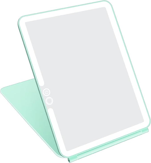 deweisn Folding Travel Mirror Lighted Makeup Mirror with 72 LEDs 3 Colors Light Modes, USB Rechargable, Portable, Ultra Thin, CompactVanity Mirror with Touch Screen Dimming for Cosmetic (Green)
