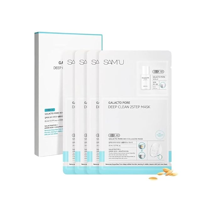 SAM'U Galacto Pore Two Step Mask Pore Cleansing Korean Face Mask, Gentle Pore Care Mask, AHA/BHA/PHA + LHA Exfoliating Formula with Amino Acids & Centella Asiatica for Korean Glass Skin (4 Sheets)
