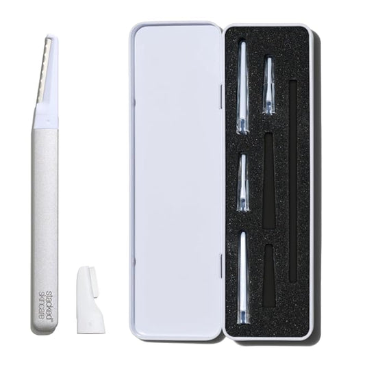 StackedSkincare Dermaplaning Kit for Face - At Home Dermaplaning Tool with Comfort Handle, 3 Replaceable Blades + 3 Precision Blades - Exfoliates, Removes Peach Fuzz, Softens Skin, 7 Count