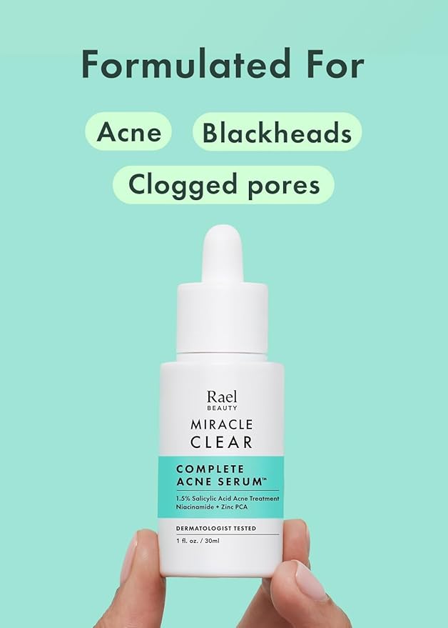 Rael Serum for Face, Miracle Clear Complete Acne Treatment - 1.5% Salicylic Acid, 2% Niacinamide, 0.5% Zinc, Pore Minimizer, Even Skin Tone, Korean Skincare (1 fl oz, 30ml)
