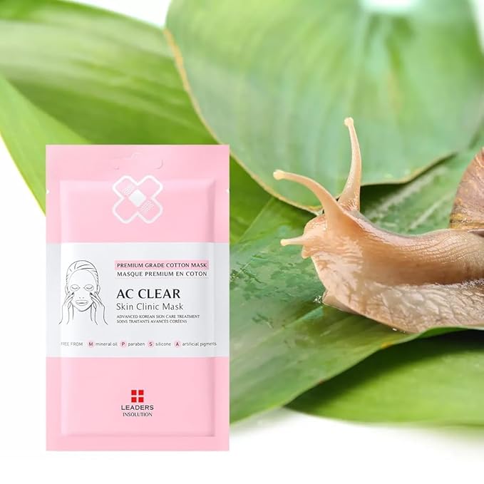 Leaders Insolution AC Clear Skin Clinic Mask | Snail Secretion & Tea Tree Oil for Acne, Redness, Oil Control | 100% Cotton Bemliese Sheet | Balances & Soothes Sensitive Skin (5 Sheets)