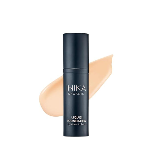 INIKA Organic Full Coverage Liquid Foundation Makeup with Hyaluronic Acid and Argan Oil, Vegan and Organic Foundation for Skin Elasticity and Plumpness, Natural Coverage, Cream, 30ml