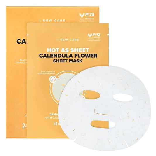 I DEW CARE Real Herb Calendula Sheet Face Mask - Hot As Sheet | Korean Face Masks Skincare, Moisturizing and Calming for Dry Skin with Calendula Flower Extract, 2% Niacinamide, 10EA