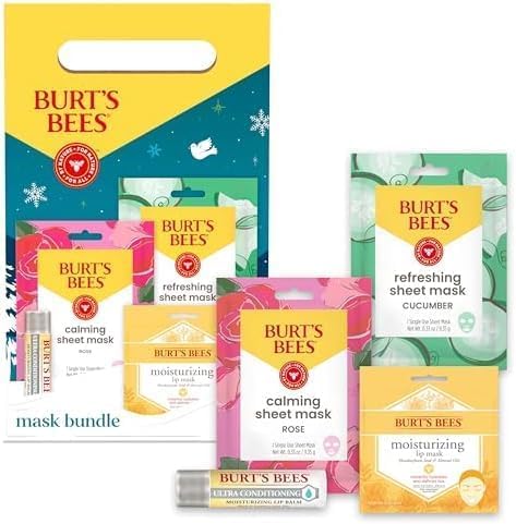 Burt’s Bees Mask Bundle Gift Set; , Ultra Conditioning Lip Balm and Moisturizing Lip, Refreshing Sheet and Calming Sheet Masks; Festive Packaging; 1 Gift Set (Pack of 6)