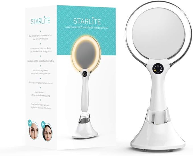 Starlite Handheld Rechargeable Lighted Makeup Mirror with Stand, 1X/5X Magnification, Dual Sided & Vanity Mirror with Bright and Warm Light, Cordless Rechargeable Mirror (White Colour)