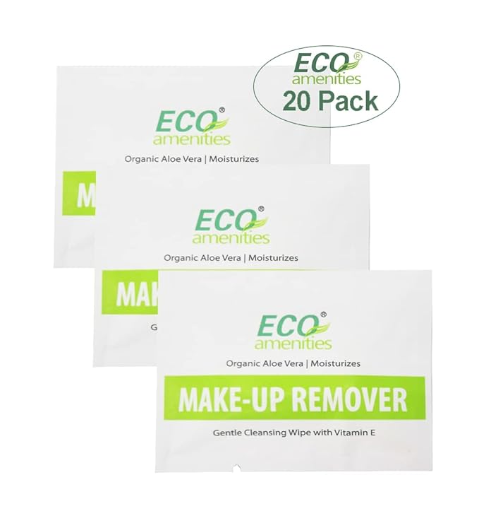 ECO amenities Makeup Remover Wipes - 20 Count, Individually Wrapped, Aloe Vera & Vitamin E - Face Wipes for All Skin Types - Travel Makeup Towelettes & Gentle Cleansing