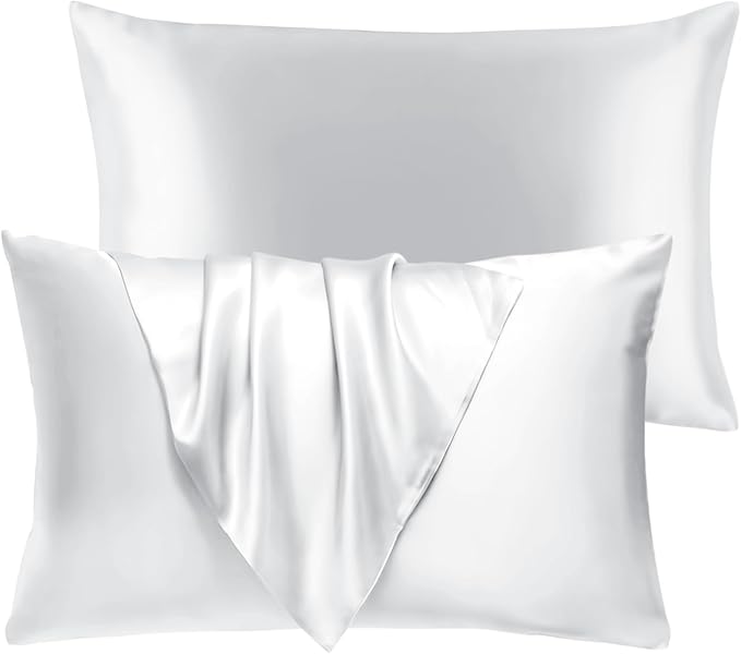 BHZ Satin Goose Down Feather Pillows Queen Size Set of 2 with White Satin Pillowcase for Hair and Skin, Cooling Pillow Cases Similar to Silk Pillow Cases, Christmas Decorative Gifts for Women, Mom Men