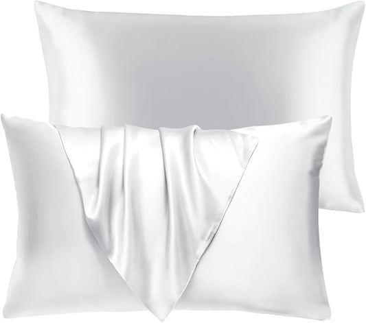 BHZ Satin Goose Down Feather Pillows Standard Size Set of 2 with White Satin Pillowcase for Hair and Skin, Cooling Pillow Cases Similar to Silk Pillow Cases, Christmas Decor Gifts for Women, Mom Men