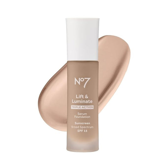 No7 Lift & Luminate Triple Action Serum Foundation - Liquid Makeup with SPF 15 for a Dewy, Glowy Base - Radiant Formula for Mature Skin - Porcelain (30ml)