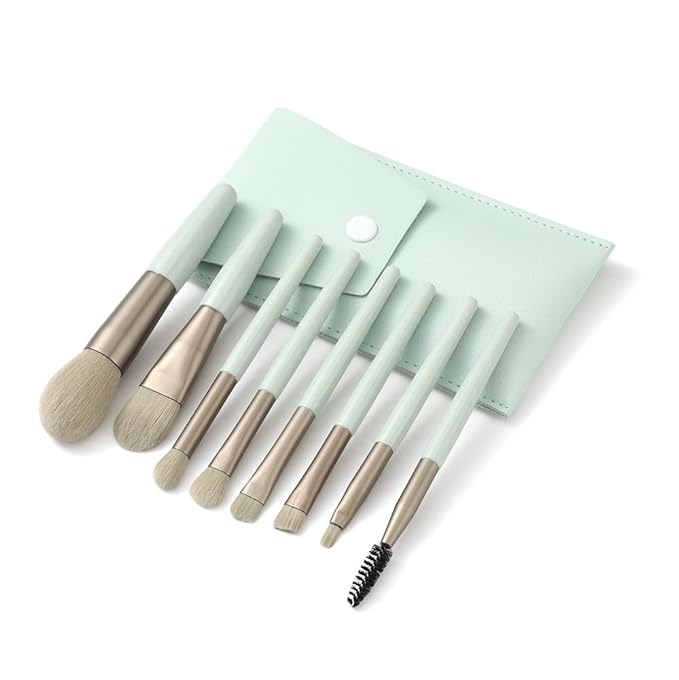 Travel Makeup Brush Set 7PCS Mini Size Premium Synthetic Fiber Foundation Blush Concealer Eyebrows Eye Shadow Angled brush Lip Make up Brush With Storage Bag (LightCyan)