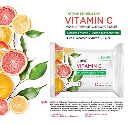 Epielle Makeup Remover Wipes, Remove Dirt, Oil, Waterproof Mascara, Gentle Daily Facial Cleanser Towelettes with Vitamin C, Watermelon & Cucumber, Hypoallergenic & Alcohol-Free, 30 Count (Pack of 6)