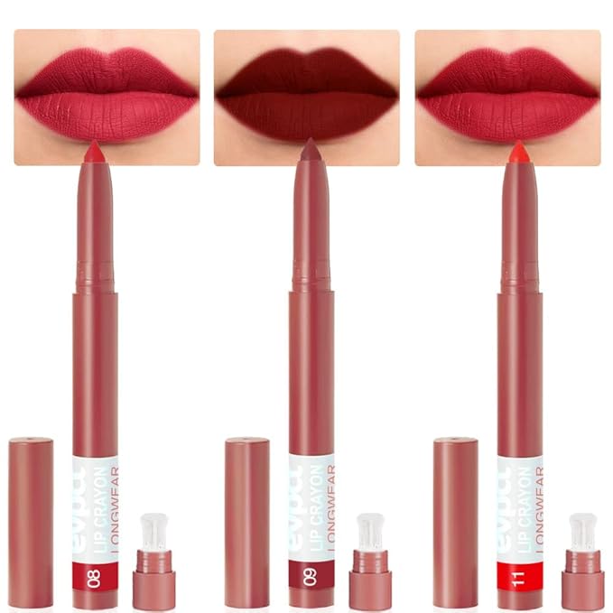 evpct 3Pcs Dark Ruby Deep Apple Red Matte Lipstick and Lip Crayon Stick Liner Pencil Set Sharpener Waterproof Long Lasting 24 Hour Lipstick Lip Liner Crayon labiales mate 24 horas originales 8&9&11