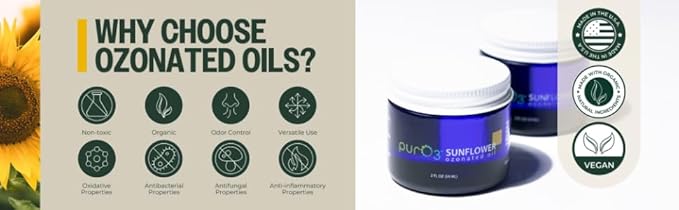 PurO3 Ozonated Sunflower Oil – Pure, Natural, Organic Skincare for Face & Body – Oxygenated Healing Lotion, Moisturizer & Beauty Cream in a Glass Jar – O3 Therapy Salve, 2 oz