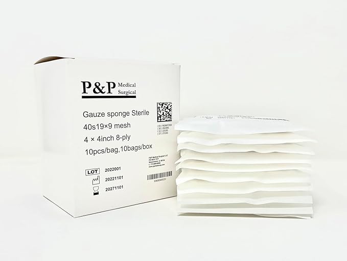 Gauze Surgical Sponges Cotton STERILE Woven 8-ply High Grade Quality 4"x4" Class I(a) All Purpose Pads by P&P MEDICAL SURGICAL Pack of 100
