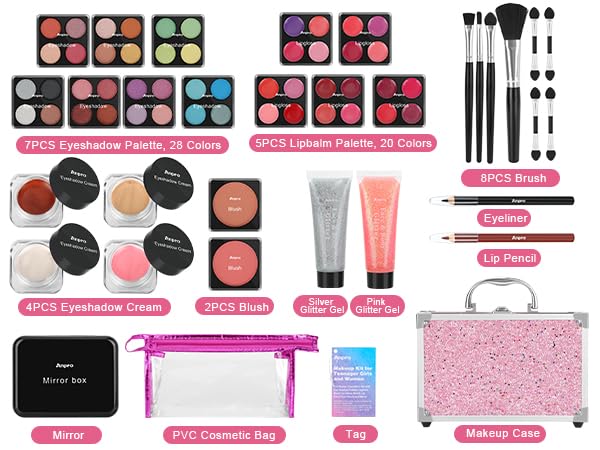 Anpro All-In-One Makeup Carry Case with Pro Teen Makeup Set, Full Starter Cosmetics Kit with Makeup Brushes, Lipsticks, Eye Shadows Palette, Blushes, Glitter Gel-Pink