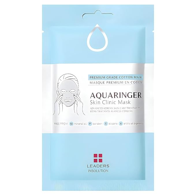 Leaders Insolution Aquaringer Skin Clinic Mask | Intense Hydration Treatment Mask with Swiss Glacial Water & Power Peptides | Moisturizing & Firming for Dry Skin, Fine Lines (10 Sheets)