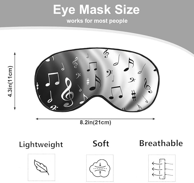 Music Notes Sleep Eye Mask Black White Gray Shadow Silk Eye Mask Sleeping Soft Eye Shade Cover for Men Women Boy Girl Airplane Travel with Elastic Strap