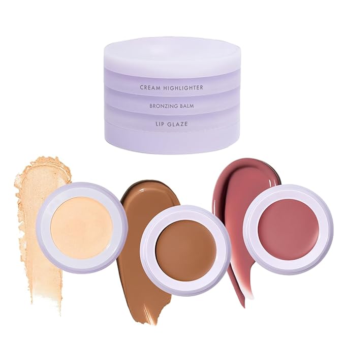 Subtl 3-in-1 Makeup Stack – Cream Bronzer, Powder Highlighter & Lip Glaze for On-the-Go Touch Ups – Lightweight, Travel-Friendly, Blendable Balm (Light/Caramel)