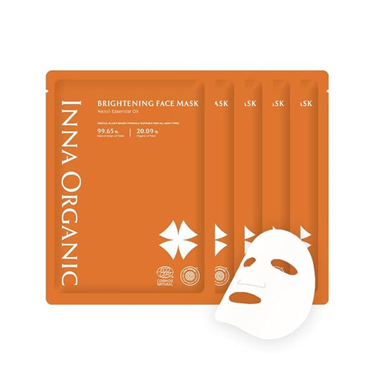 INNA ORGANIC Sheet Mask - Brightening & Radiance, EWG & COSMOS Certified (Pack of 5) | Neroli Essential Oils Infused Skin Care | Luxury Clean Beauty