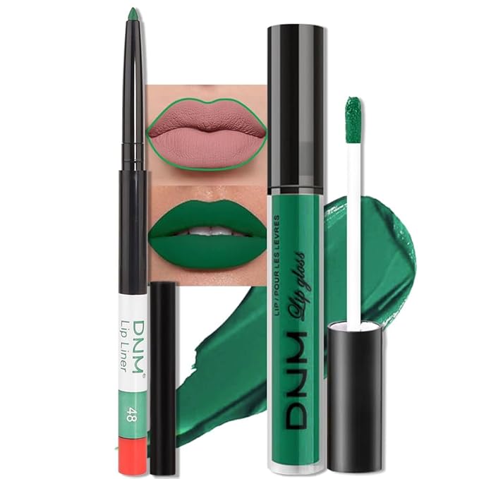 AMY'S DIARY 2Pcs Green Matte Lip Liner and Lipstick Makeup Set, Green Lip Stain Lip Gloss Matt Liquid Lipstick 24H Long Lasting lapiz labiales mate 24 horas originales larga duracion (green 48#)