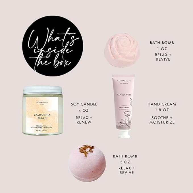 Natural Amor Relaxation Spa Gifts for Women,4pcs Gift Box Including Candle, Hand cream, Bath Bomb