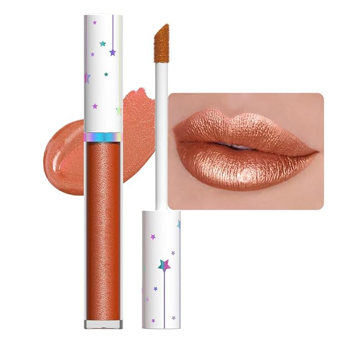 evpct 1Pcs Bronze Gold Metallic Glitter Lip Gloss Stain Lipstick for Women Long Lasting Waterproof 24, Orange Gold Frosted Metallic Shimmer Glossy Chrome iridescent Liquid Lipstick Lip Gloss Makeup 08
