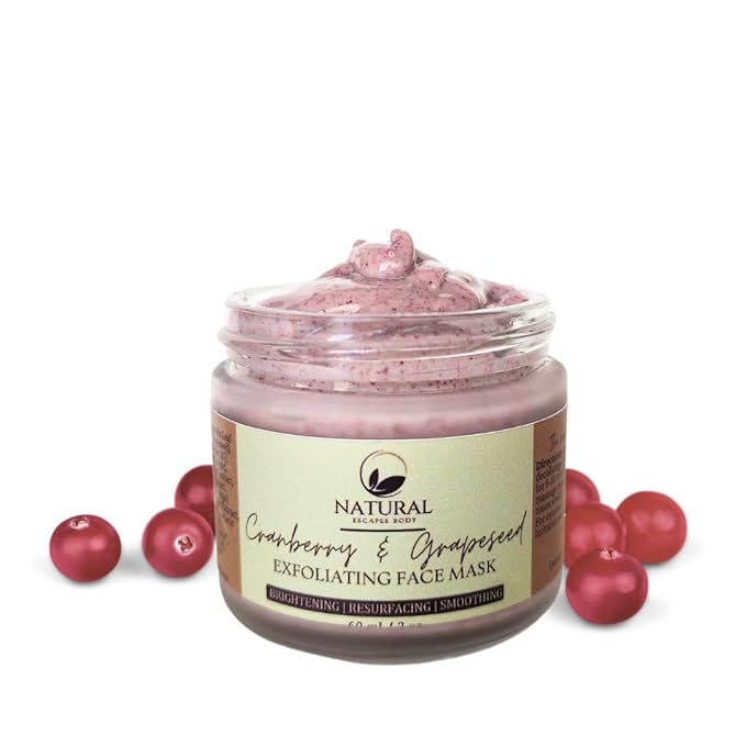 Natural Escapes Cranberry & Grapeseed AHA Exfoliating Clay Face Mask | Hydrating, Resurfacing, Anti-Aging Facial Masque for Fine Lines, Pores & Elasticity