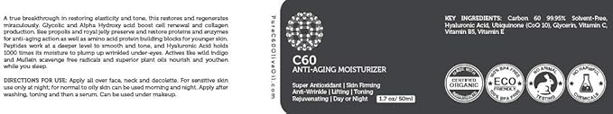 C60 Anti-Aging Moisturizer Face Cream 50ml with Hyaluronic Acid, Vitamins B + C + E & CoQ 10 for Men & Women Made with Organic Ingredients - From The Leading Global Producer