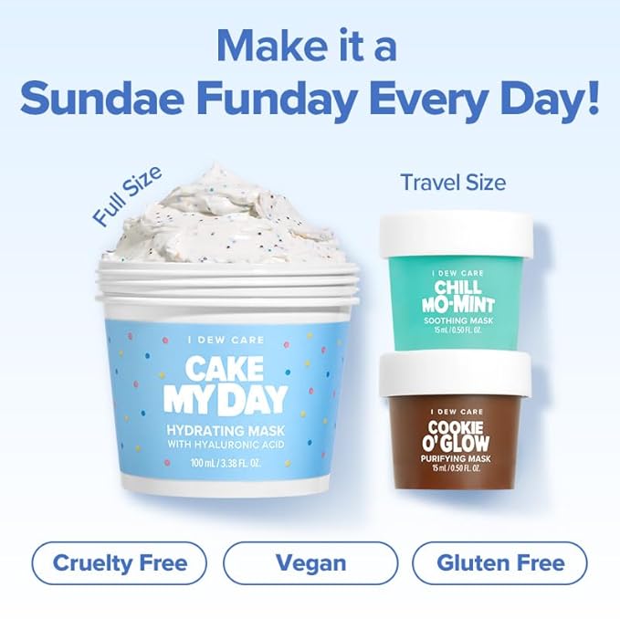 I DEW CARE Wash Off Face Mask Set - Sundae Scoop | Hyaluronic Acid Skincare Essentials, Moisturizing, Hydrating, Soothing, Exfoliating, Dry Sensitive Skin, Stocking Stuffers, Travel Size, Mini Set