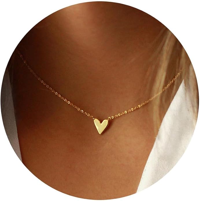 Dainty Gold Heart Necklace for Women - 14K Gold/Silver Plated Cute Heart Handmade Disc Circle Bee Choker Adjustable Necklace for Women Trendy Jewelry