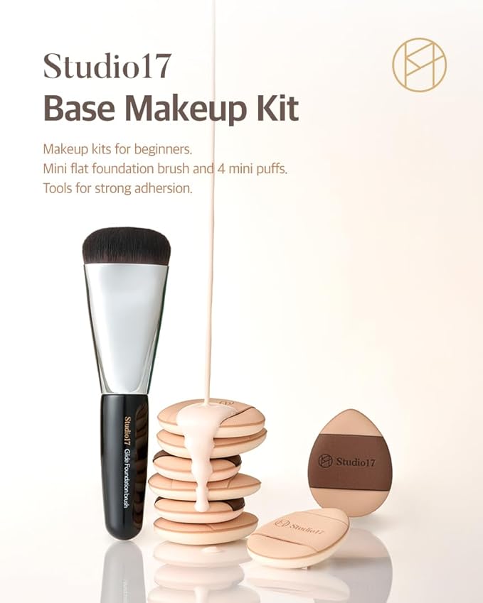 Mini Flat Foundation Brush & Small Puff Set | Small Makeup Brush Set with 4 Mini Sized Puffs | Kit for Liquid Foundation Makeup for Base | 0.06mm Micro Synthetic Bristle & Case Pack Included