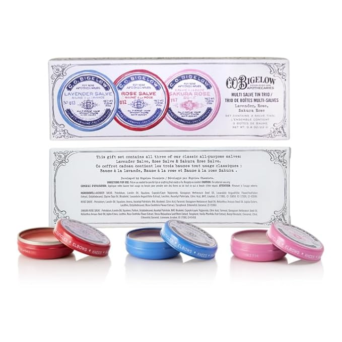 C.O. Bigelow Assorted Salve Tins, Pack of 3 Lip Balm Tins, Rose, Lavender, and Sakura Rose All Purpose Salve for Lips, Cuticles, Hands & Dry Skin, Lip Balm Set, 0.8 oz