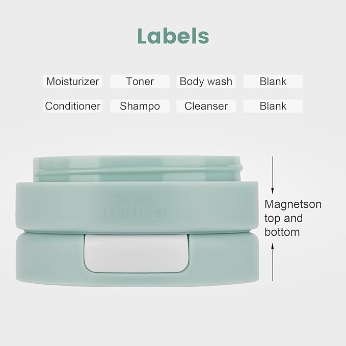 Gemice Travel Containers for Toiletries, Magnetic Travel Containers, TSA Approved Cream Jars with Toiletry Bag, Leak-proof Small 1oz Capsules Set with Multiple Labels for Organization (4 Pack)