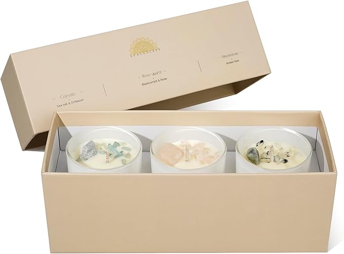 Soy Candles Healing Crystals.Rose Quartz,Moonstone,Blue Celestite Crystal. Black Currant&Rose, Amber Noir, Sea Salt&Drift Wood. Positivity Energy Gift for Women, 3PC Candle Set 3.5 oz Each