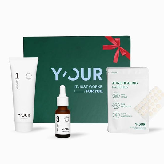 Y’OUR Essential 3-Step Acne Kit: Purifying Cleanser, Anti-Acne Serum & Healing Patches; Pimple Clearing, Pore Minimizing Skincare Routine. Made in USA. Suitable for All Skin Types