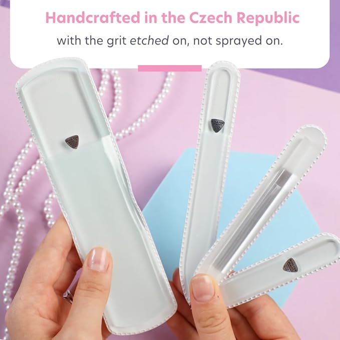 Bona Fide Beauty Nail Kit: Handmade from Czech Glass, Perfect Gift for Teenage Girl, 4PC Gift Set in Clear Color - Foot File, Traveil Nail File, Glass File, 1 Cuticle Pusher