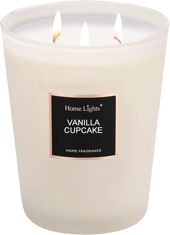HomeLights Highly Scented Soy Candles Big 33.3 oz for Home. 3 Cotton Wicks, Smokeless Long Lasting 130 hrs in Vanilla Cupcake. 5x6, Great Gift for Women & Men