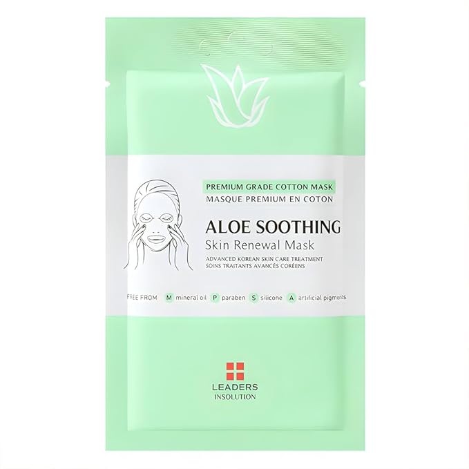 Leaders Insolution Aloe Soothing Skin Renewal Mask | Organic Aloe Leaf & Cactus Extract Hydrating Facial Treatment for Sensitive, Dry, Acne-Prone Skin | UV Repair & Hydration Boost (5 Sheets)