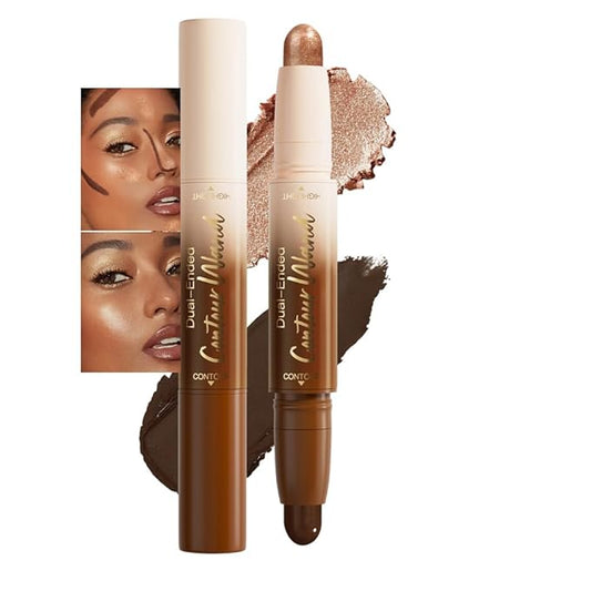 Black Cocoa + Bronzer Shimmer Contour Stick Dual Ended Face Body Makeup Waterproof no Transfer, 2 in 1 Cream Concealer Stick Contouring Makeup Kit, Nose Contour Bronzer Sticks Face Highlighter Make up