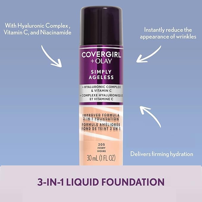 CoverGirl & Olay Simply Ageless 3-in-1 Liquid Foundation, Matte Finish, Hyaluronic & Vitamin C Formula, Nude Beige, 1 Count