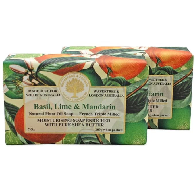 Wavertree & London Basil Lime & Mandarin Scented Natural Soap (2 Bars), 7oz Moisturizing French Triple Milled Soap Bars enriched with shea butter - Pure Plant Based Bath & Body Bars for All Skin Types