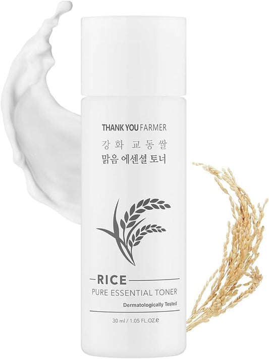 THANKYOU FARMER Rice Pure Essential Toner 1.05 Fl oz (30ml) - Hydrating Milky Toner, Korean Rice Extract, Niacinamide, Dermatologist Tested, Travel Size