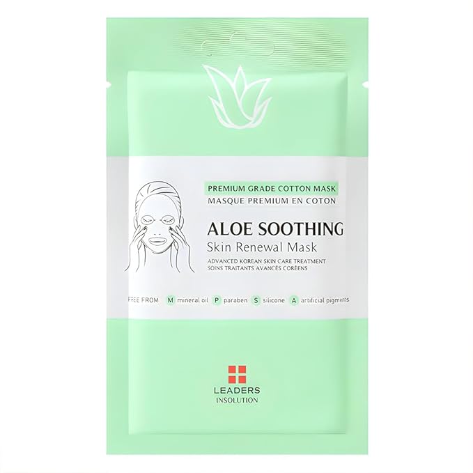 Leaders Insolution Aloe Soothing Skin Renewal Mask | Organic Aloe Leaf & Cactus Extract Hydrating Facial Treatment for Sensitive, Dry, Acne-Prone Skin | UV Repair & Hydration Boost (10 Sheets)