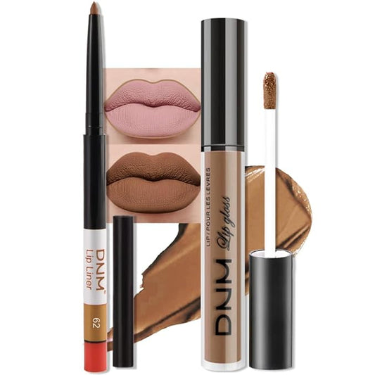 2Pcs Caramel Brown Matte Lip Liner and Lipstick Makeup Set, Matt nude brown Lip Stain Lip Gloss Matt Liquid Lipstick 24H Long Lasting lapiz labiales mate 24 horas originales larga duracion (62#)